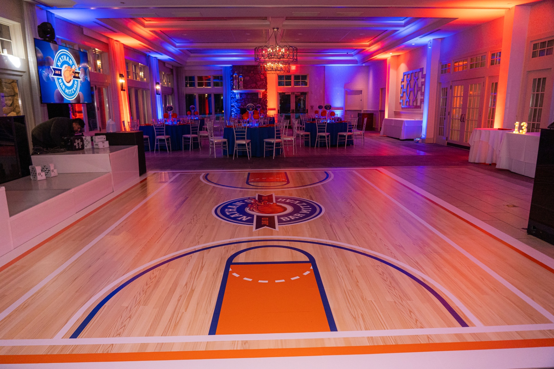 Basketball-themed bar mitzvah reception with a custom court dance floor at Indian Trail Country Club