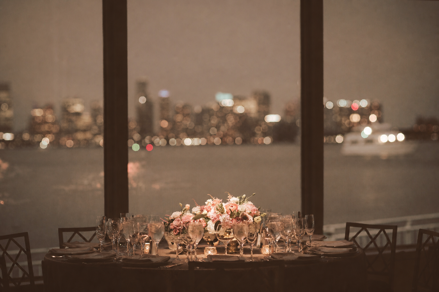 Elegant waterfront tablescape with soft pink florals, glowing candles and city skyline views